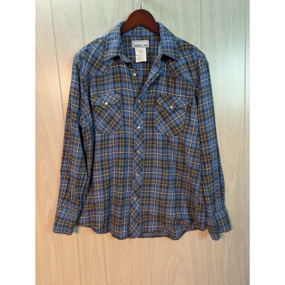 Wrangler Wrancher Men's Pearl Snap Long Sleeve Shirt Plaid Blue Size Large